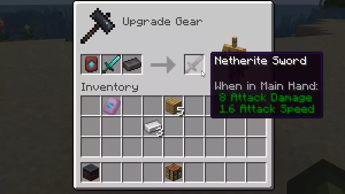 A player using a Smithing Table to upgrade a Diamond Sword into Netherite.