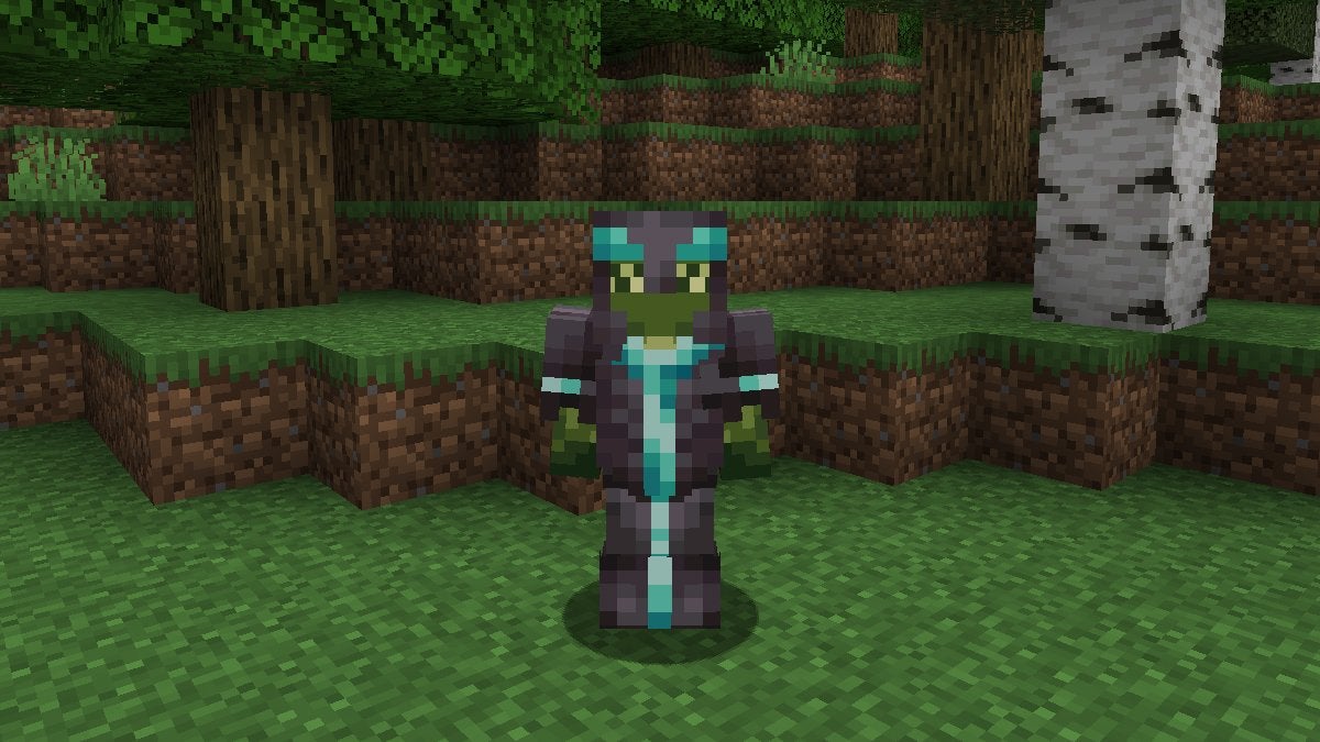 A player wearing Netherite Armor that has Diamond Vex Armor Trim, which is made from the Vex Armor Trim Smithing Template in Minecraft.