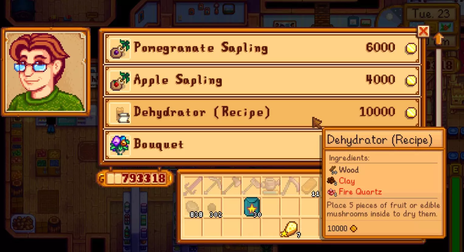 The Dehydrator recipe, bought from Pierre for 10,000G.