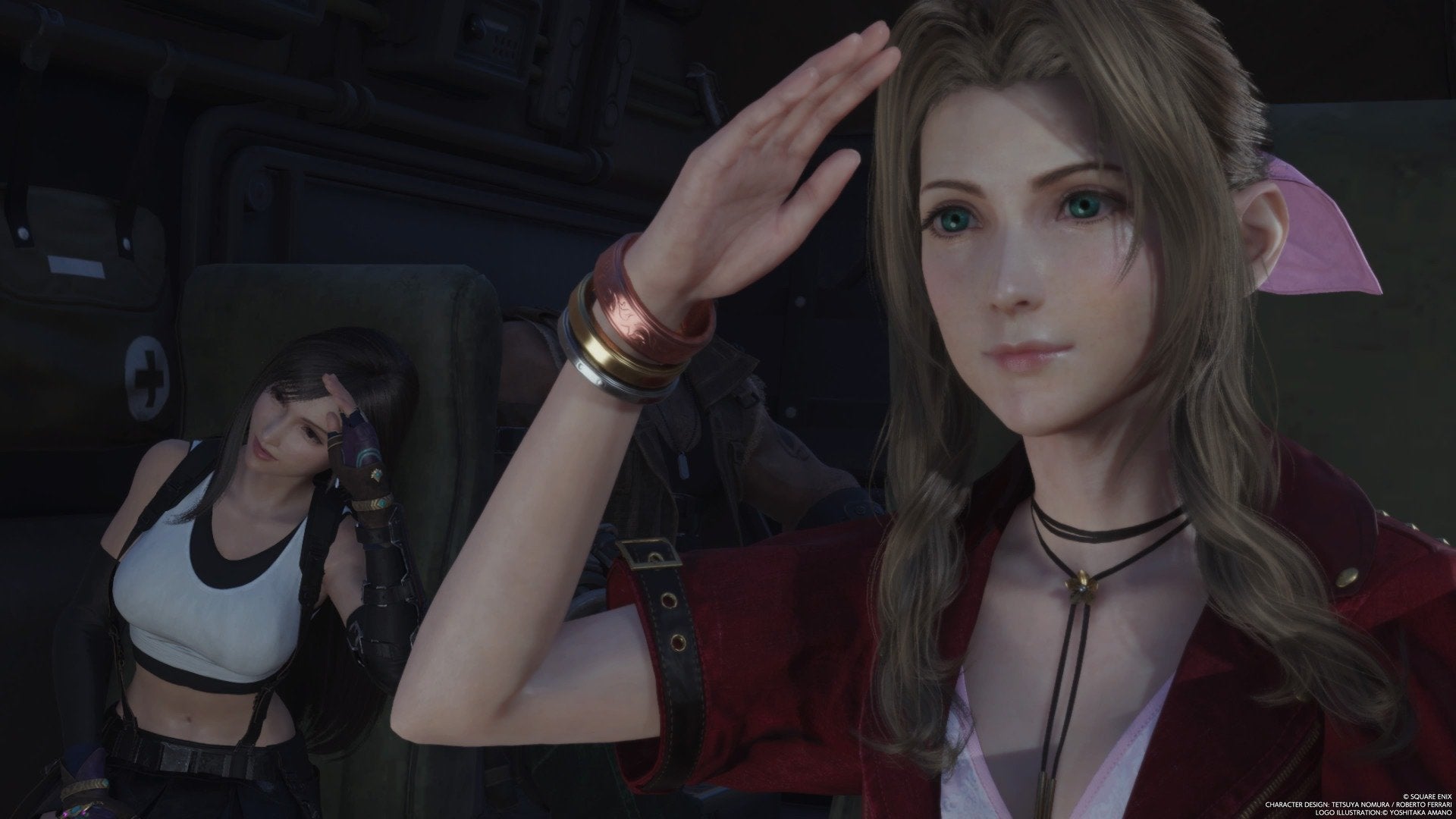 Aerith and Tifa saluting in Final Fantasy VII Rebirth.
