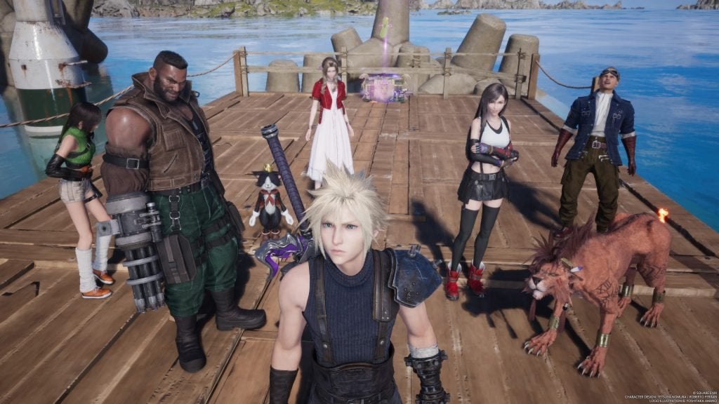 Cloud, Tifa, Aerith, Cid, Red XIII, Yuffie, Barrett and Cait Sith standing on the pier of Costa del Sol in Final Fantasy VII Rebirth.