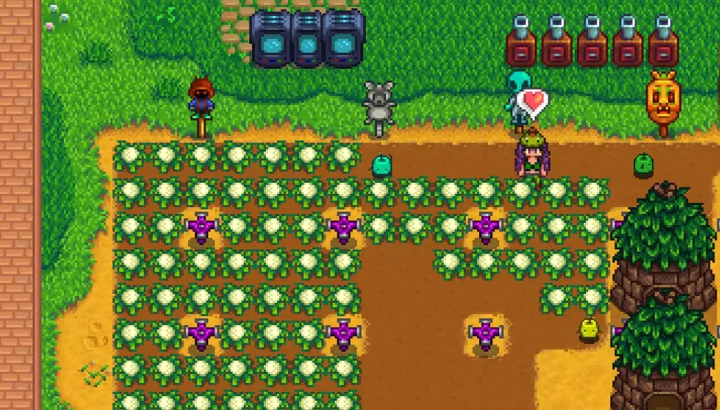 Junimos harvesting crops in Stardew Valley.