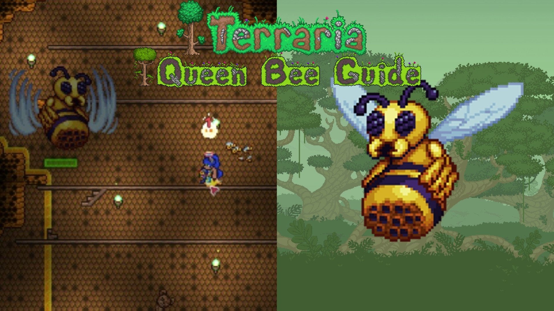 On the left is the player underground and on the right is the Bee Queen boss in Terraria.