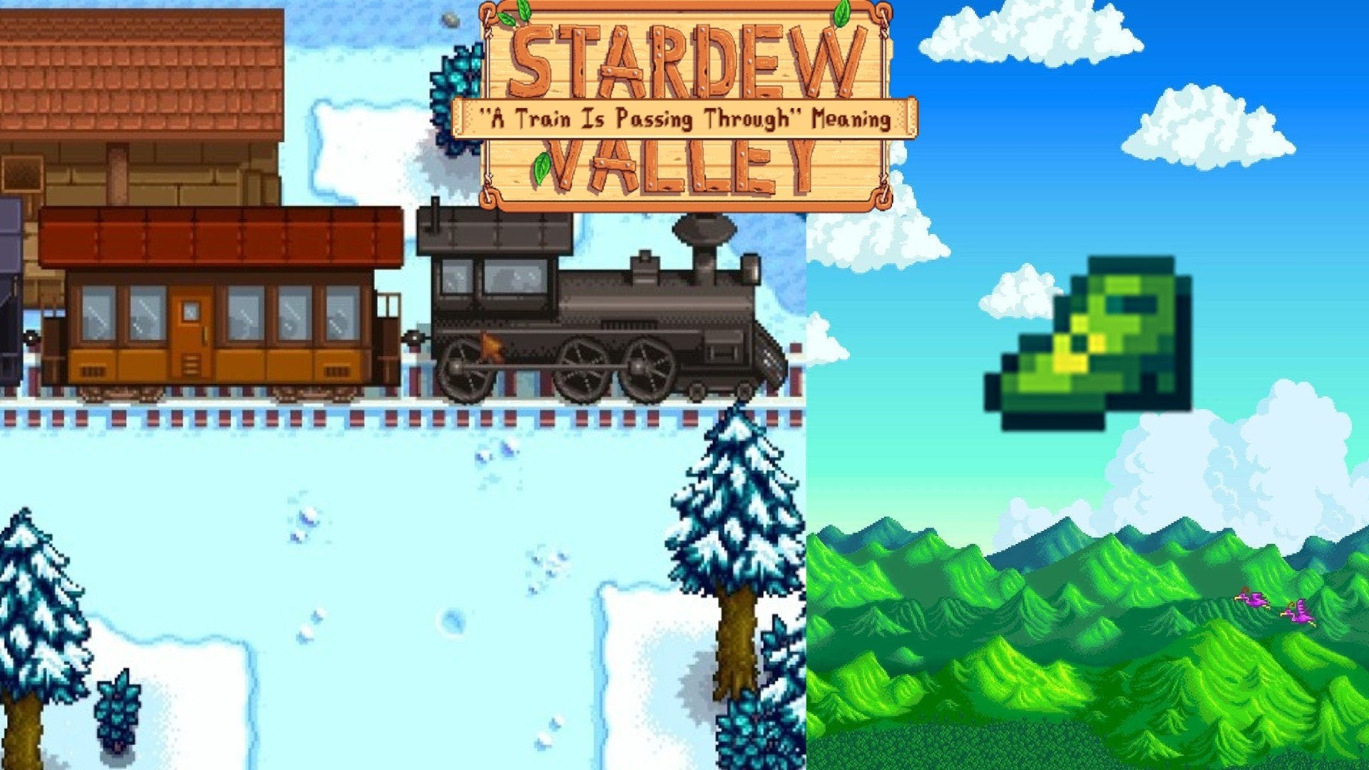 A train passing through Stardew Valley on the left and there's Leprechaun Boots on the right.