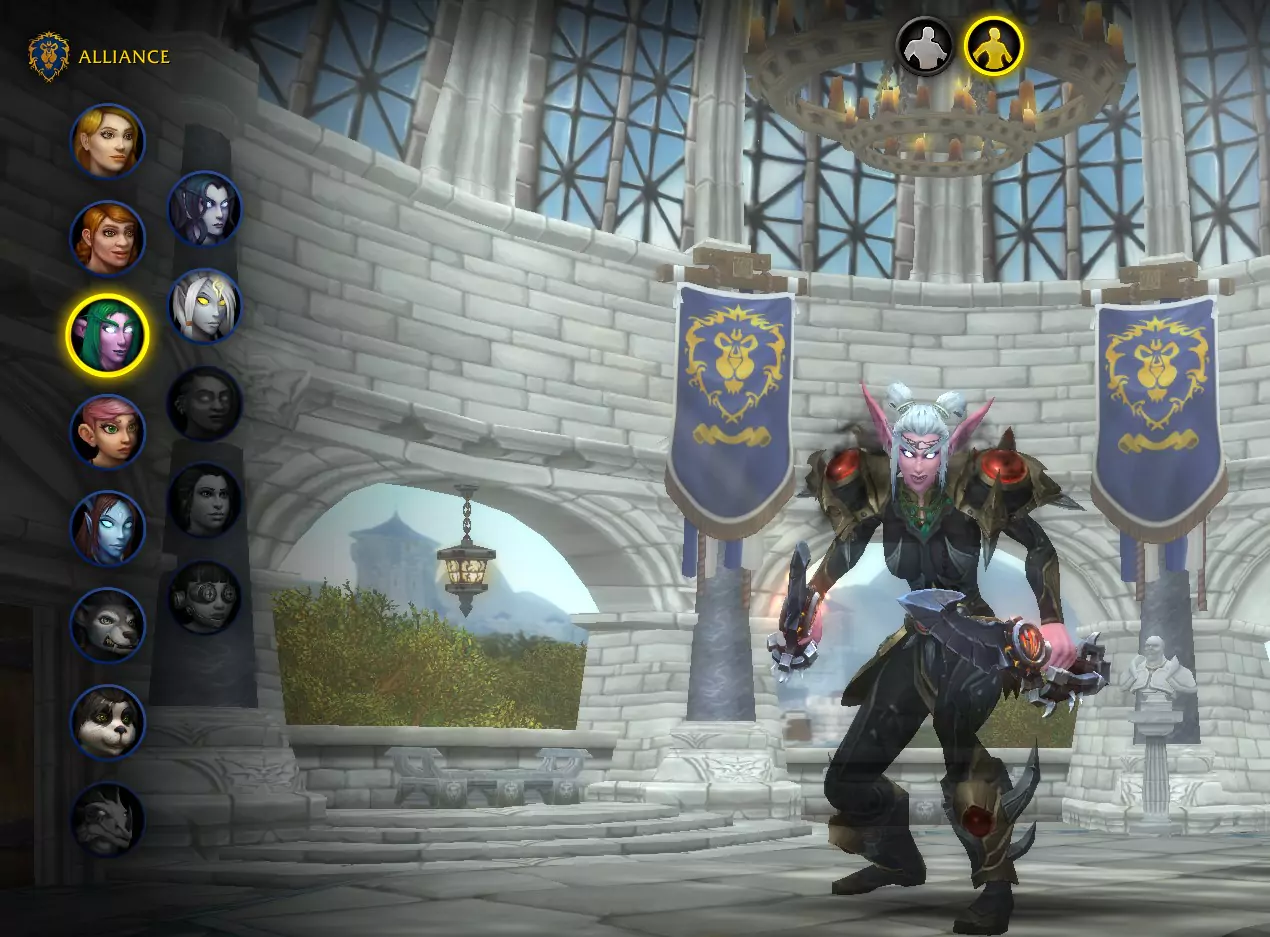 A Night Elf Rogue in WoW's character creation screen.