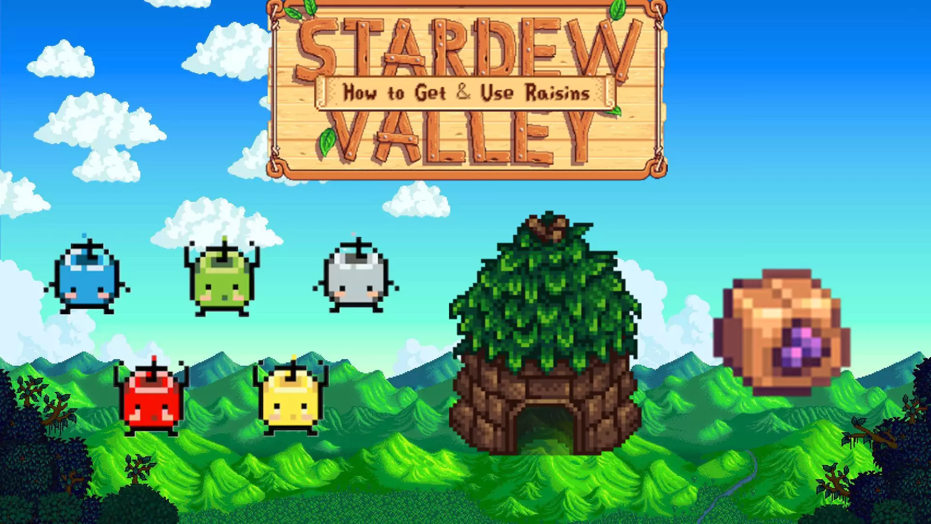 Junimos next to a Junimo Hut and a sack of Raisins in front of a Stardew Valley landscape.