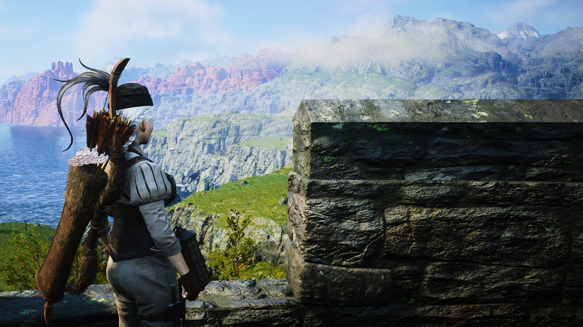 The Arisen in Dragon's Dogma 2 looking over the world from atop a castle wall.