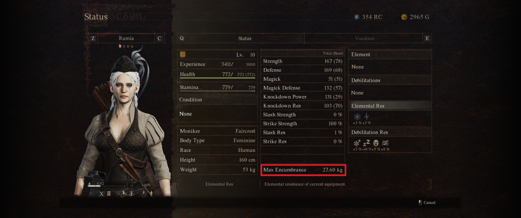 Where to see your character's maximum carry weight in Dragon's Dogma 2.