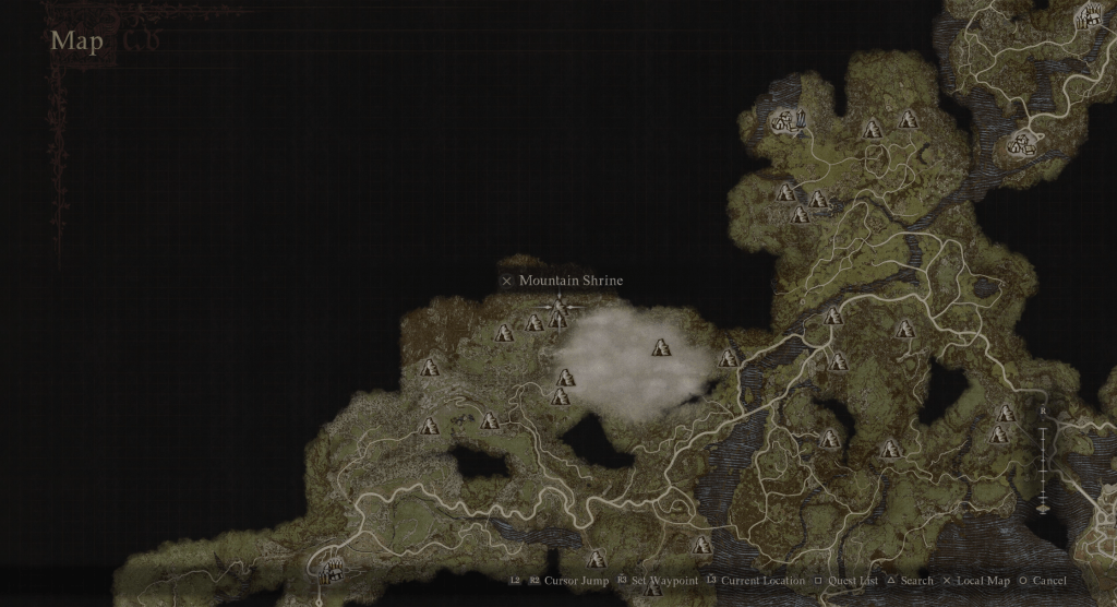 The location of the Mountain Shrine on the map in Dragon's Dogma 2.