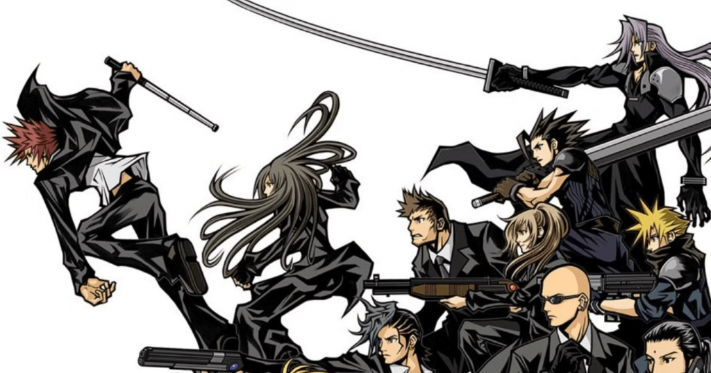 Some of the characters from the game Before Crisis -Final Fantasy VII- with their weapons drawn.