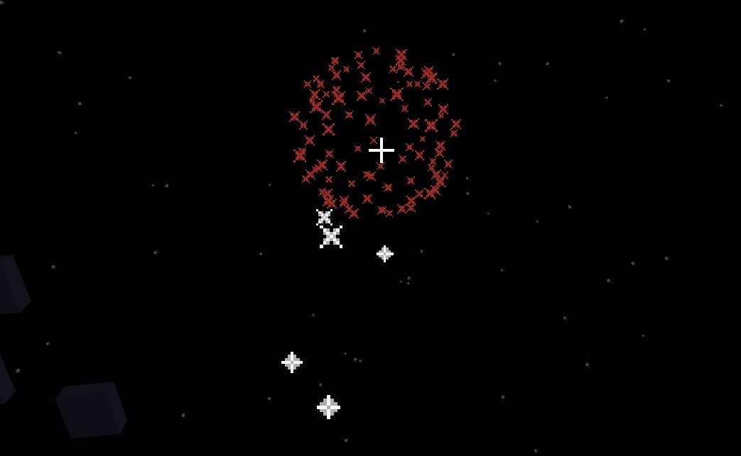 A firework explosion in the shape of a red sphere in Minecraft.