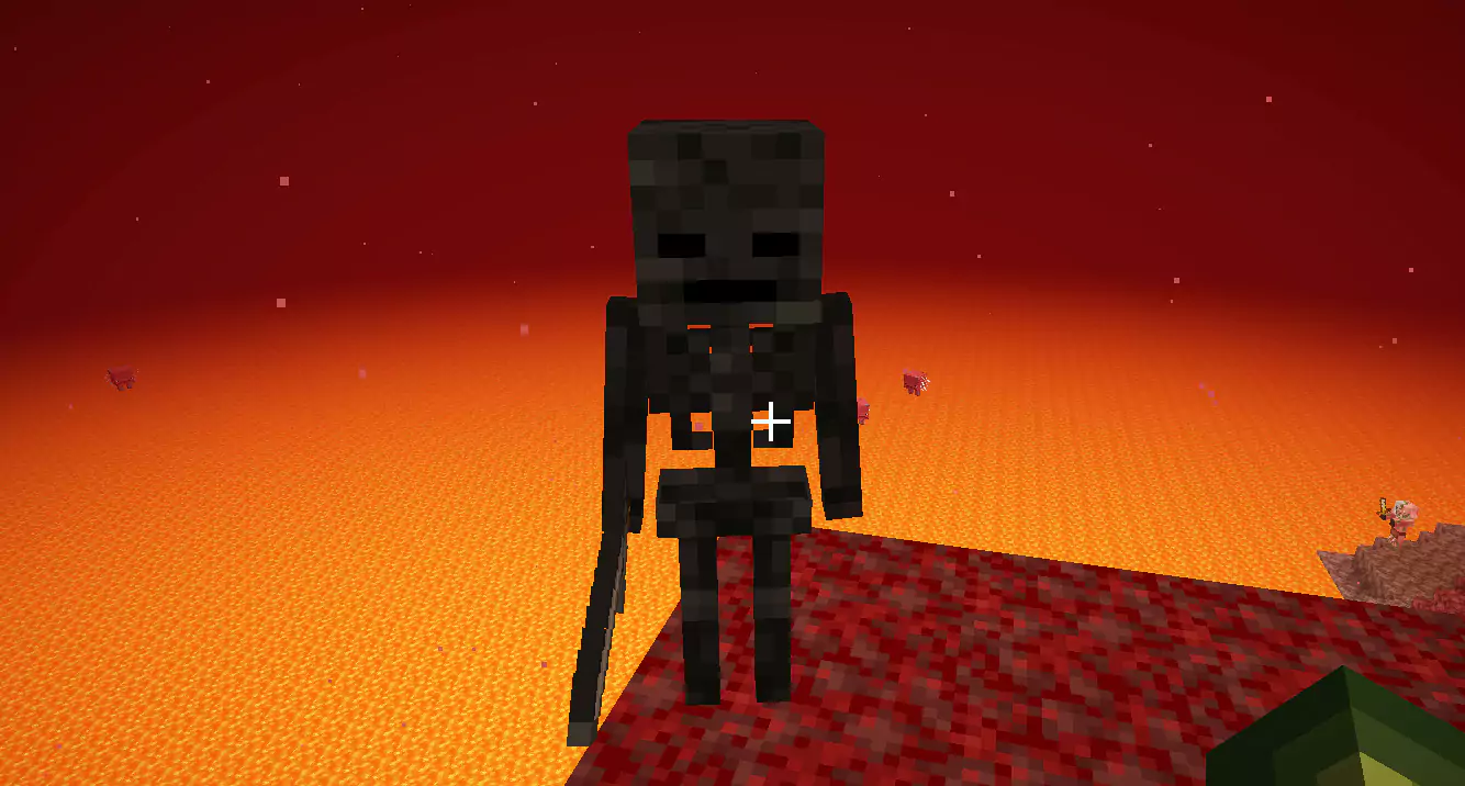 A Wither Skeleton standing in front of a lake of lava.