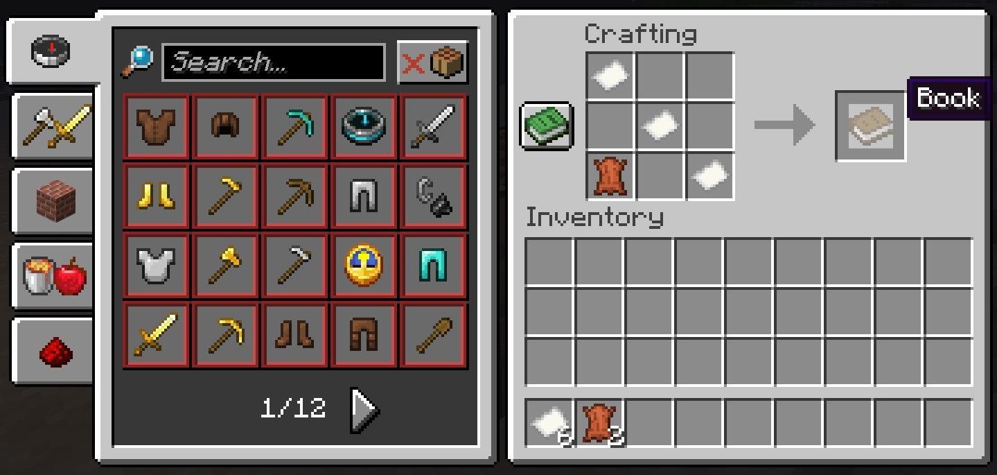 The crafting recipe for a Book in Minecraft.