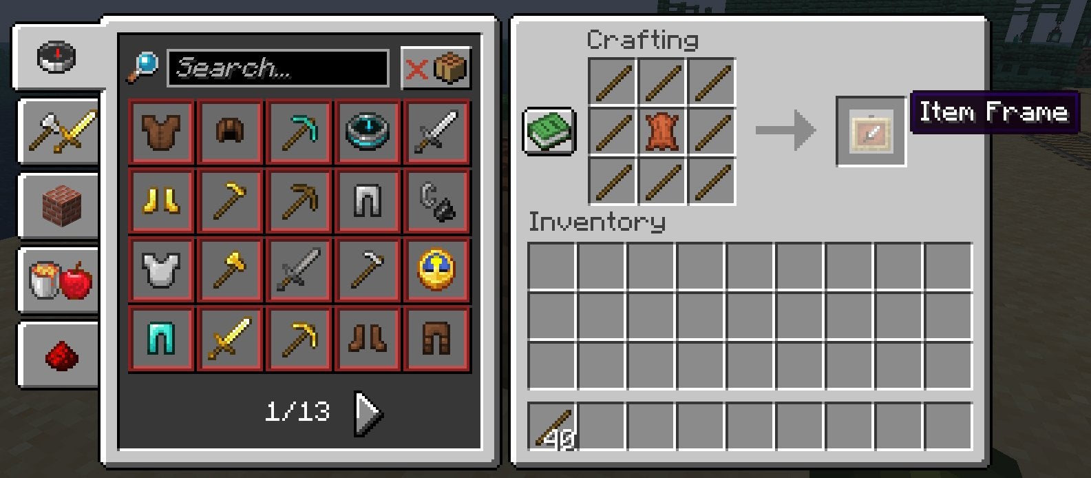The crafting recipe for the Item Frame in Minecraft.
