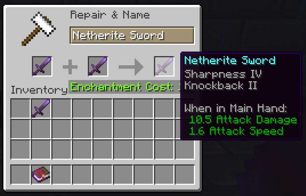 A player combining two Netherite Swords with Enchantments.