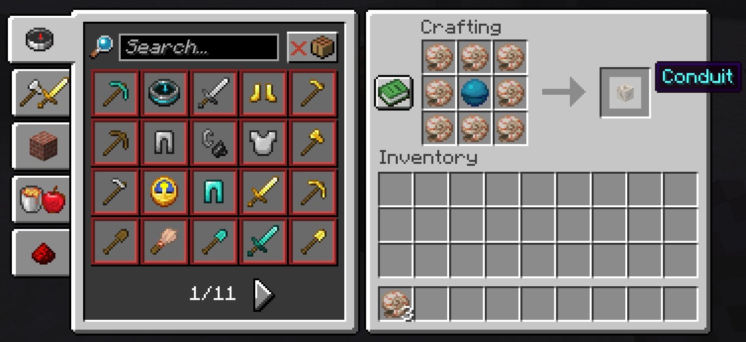 The crafting recipe for a Conduit in Minecraft.