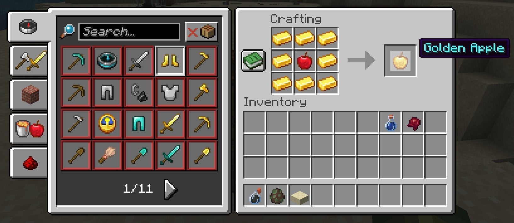 The player crafting a Golden Apple in Minecraft.