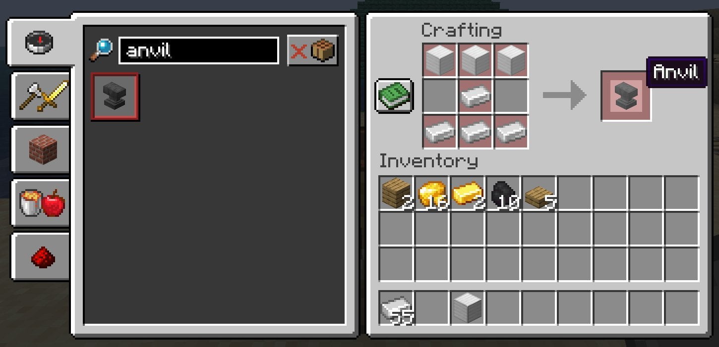 The crafting recipe for an Anvil in Minecraft.