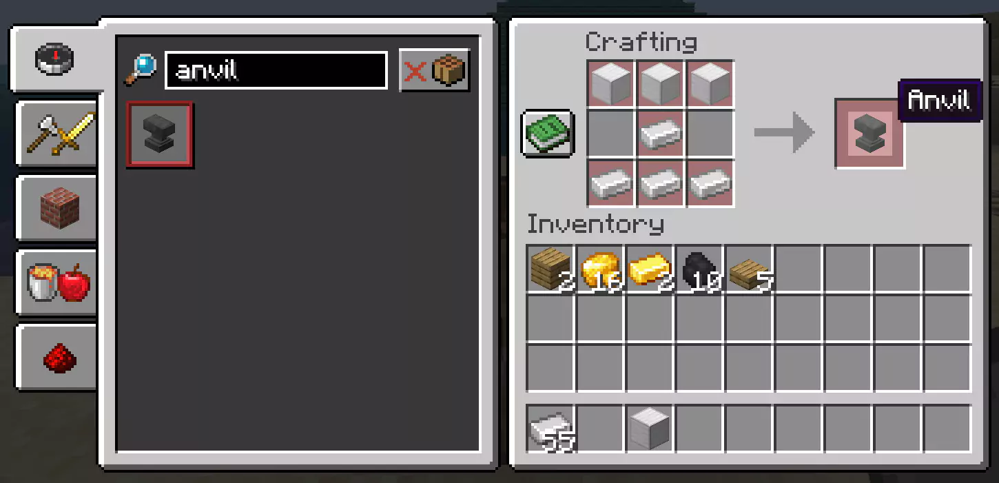 The crafting recipe for an Anvil in Minecraft.