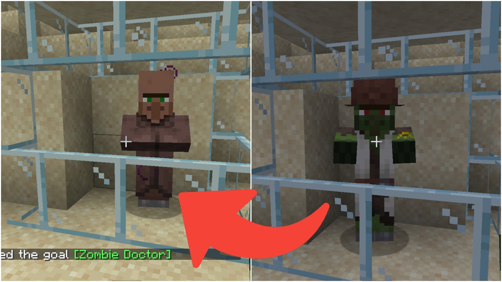 A red arrow pointing from a Villager Zombie to a Villager.