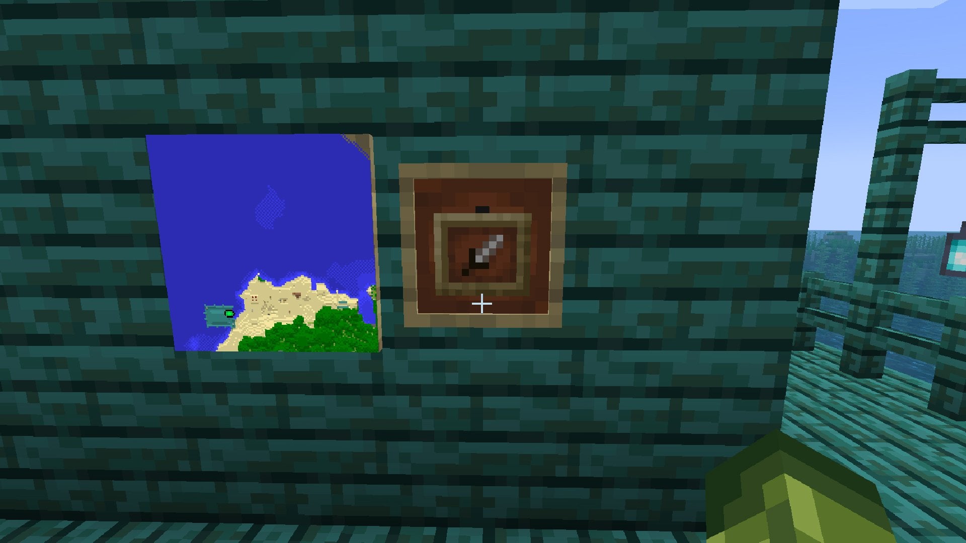 An Item Frame inside an Item Frame on a wall made of green wood.