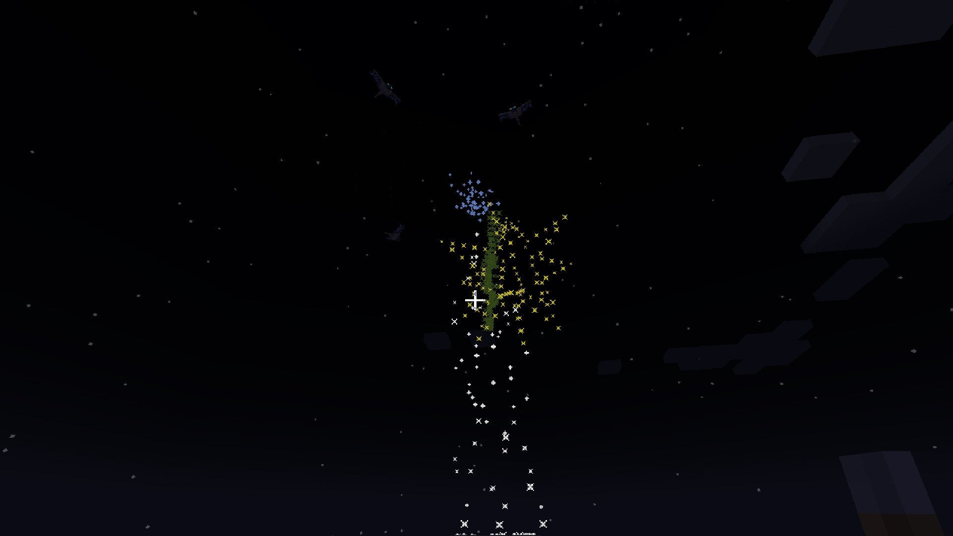 Blue, green, and yellow firework explosions in Minecraft.