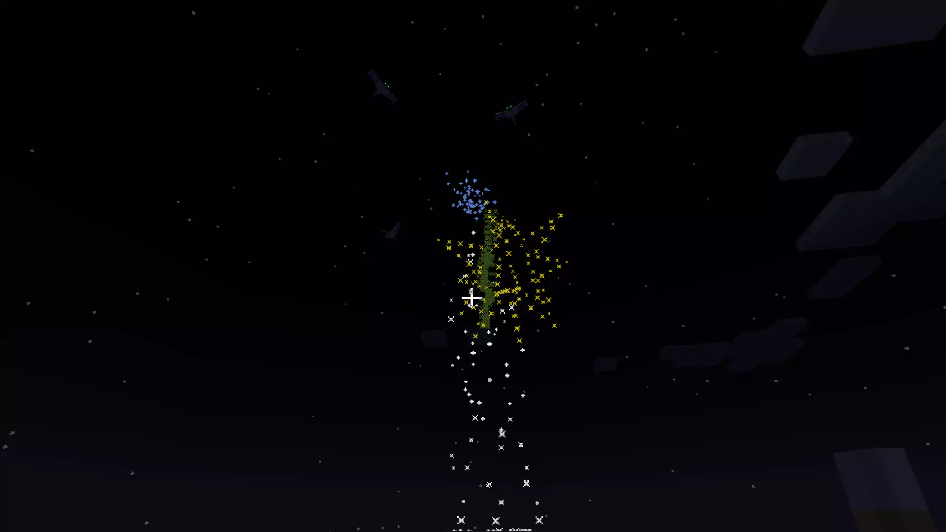 Blue, green, and yellow firework explosions in Minecraft.