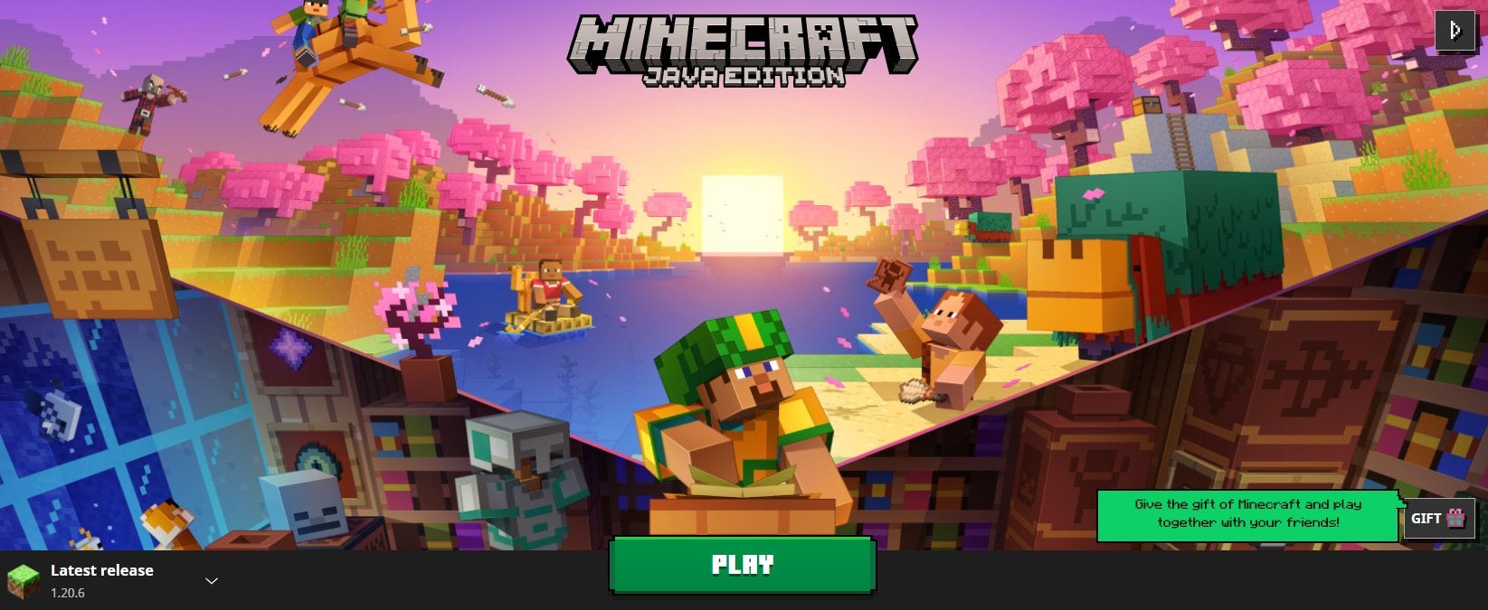 The art for the Minecraft Launcher showing a sunrise amidst cherry blossom trees.