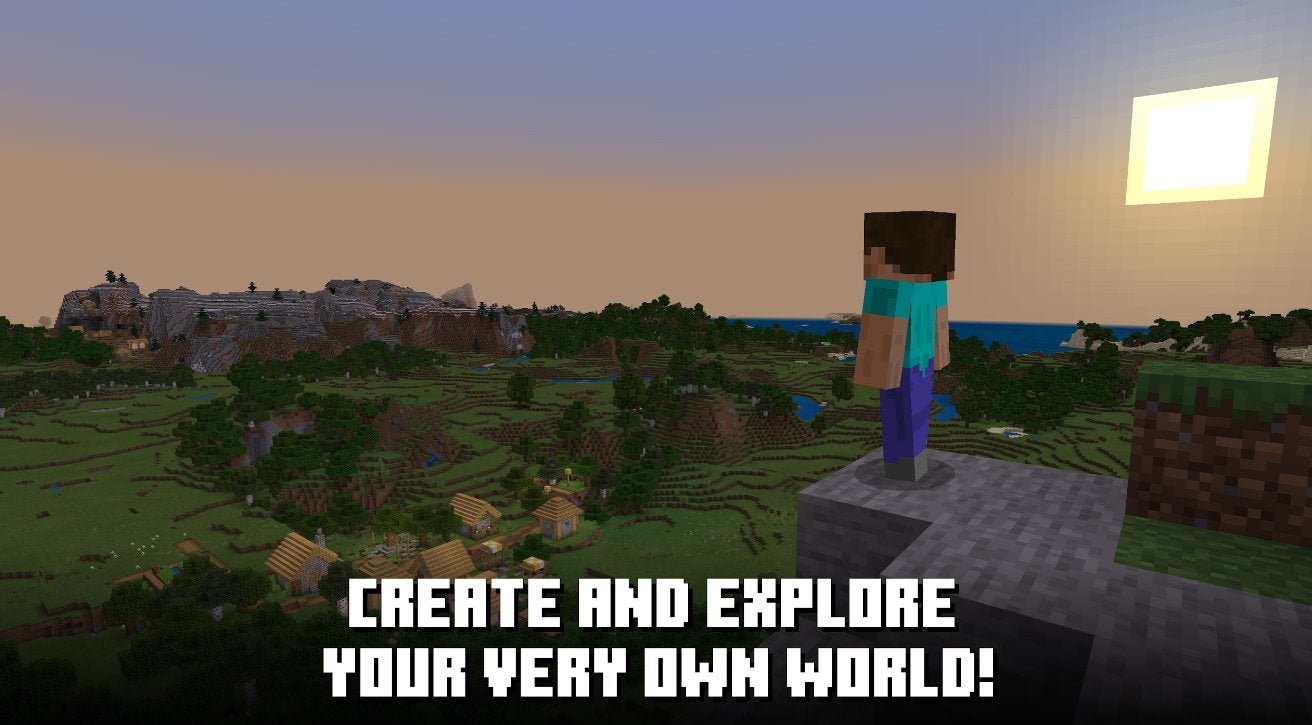 Minecraft Steve standing on a cliff overlooking a Village near a forest as the sun is going down.