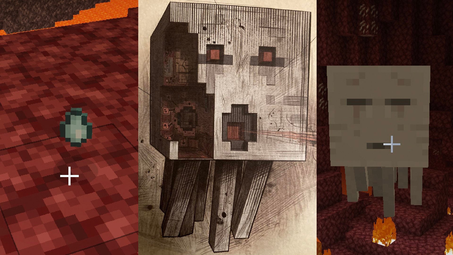 On the left is a Ghast Tear, in the center is an illustration of a Ghast in Minecraft: Mobestiary, and on the right is a Ghast flying around in the Nether.