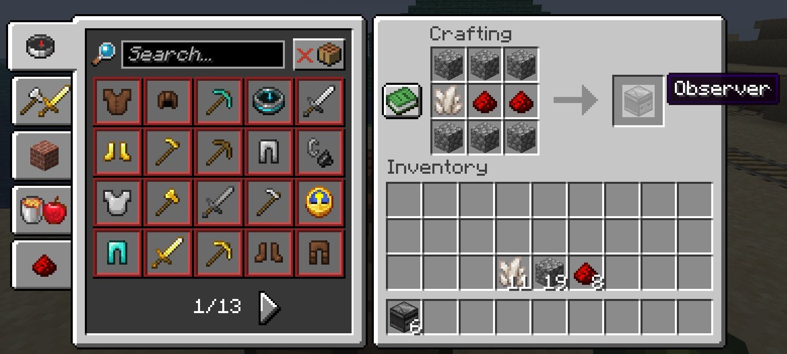The crafting recipe for the Observer in Minecraft.