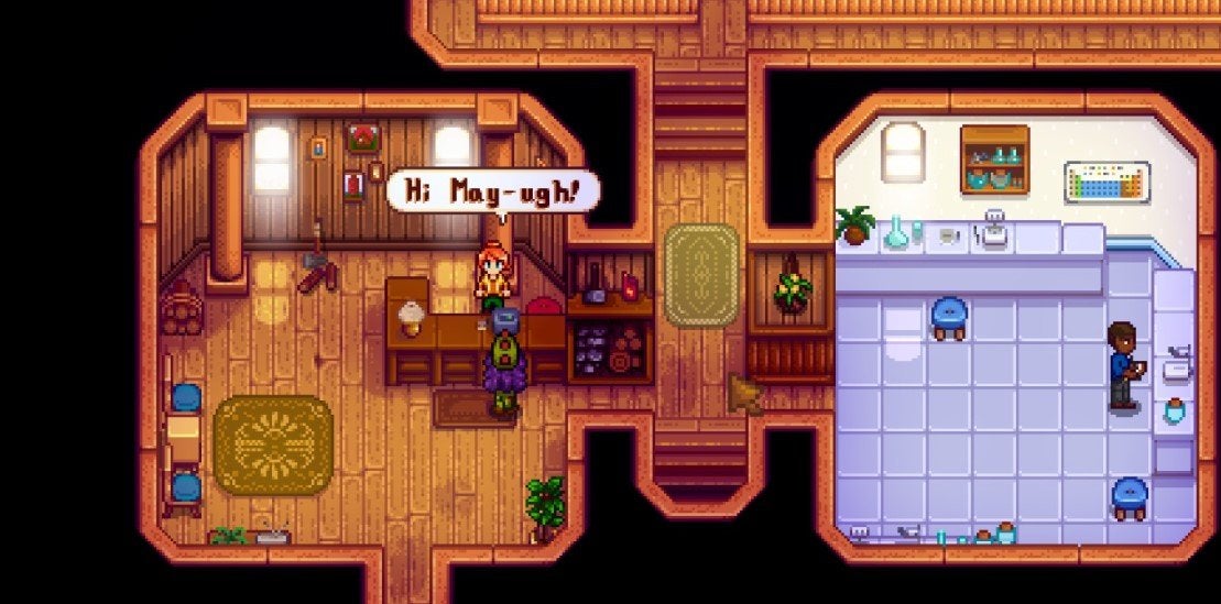 A player standing inside Robin the Carpenter's shop in Stardew Valley. 