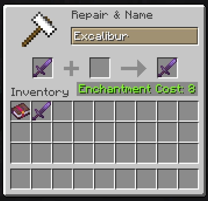 Renaming a Netherite Sword as "Excalibur" in Minecraft.