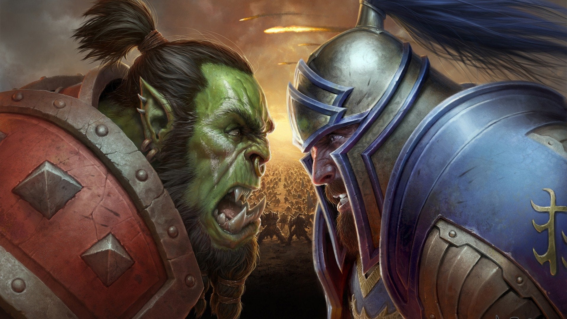 The Horde Orc leader to the left and the Human Alliance leader to the right.