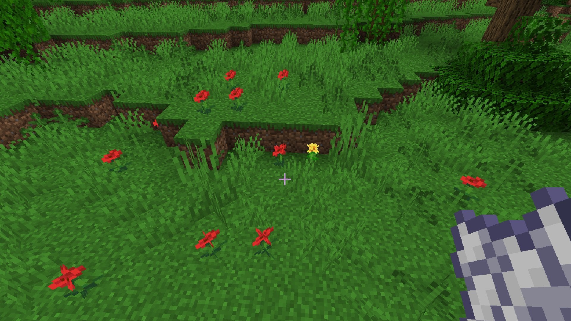 A player using Bone Meal on grass in Minecraft to grow Flowers.