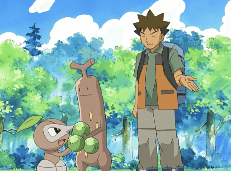 Brock from the Pokémon anime talking to a Nuzleaf and a Sudowoodo.