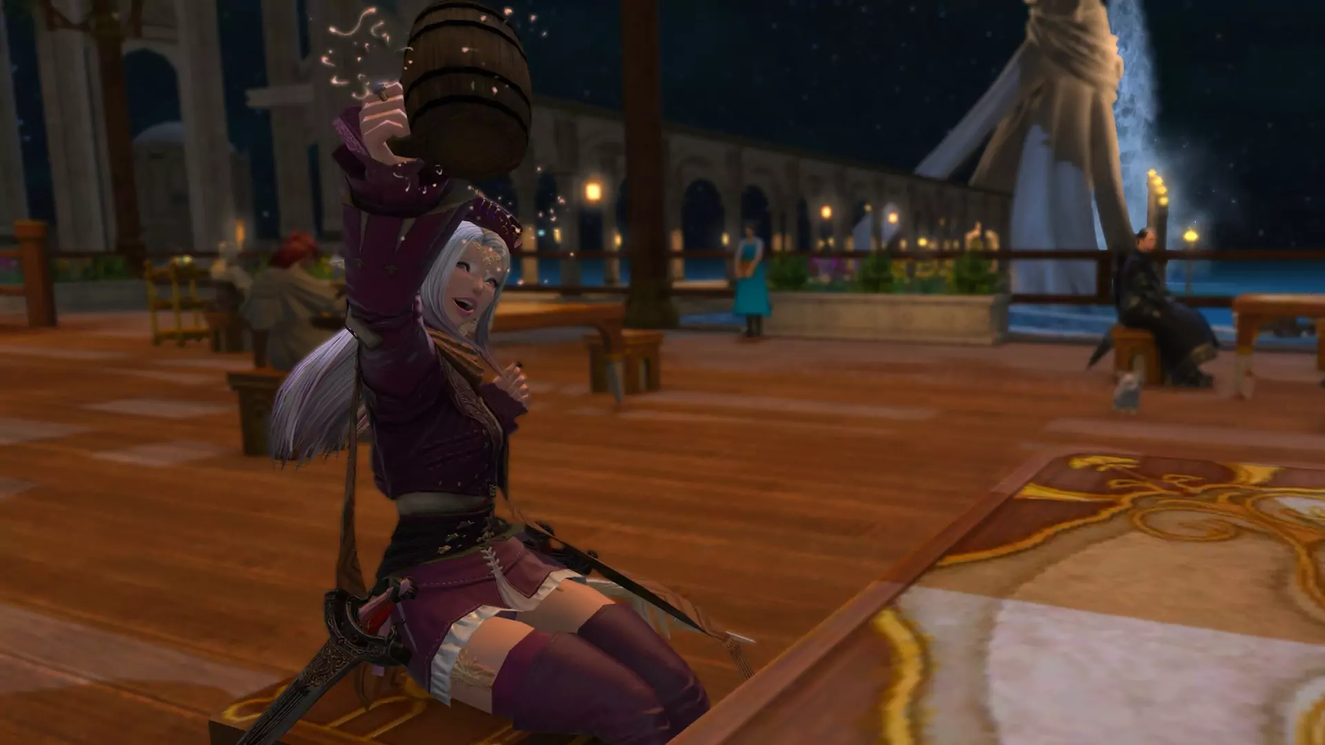 A Warrior of Light in Final Fantasy XIV holding a mug and toasting the camera.
