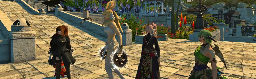 Characters wearing different pieces of gear in Final Fantasy XIV.
