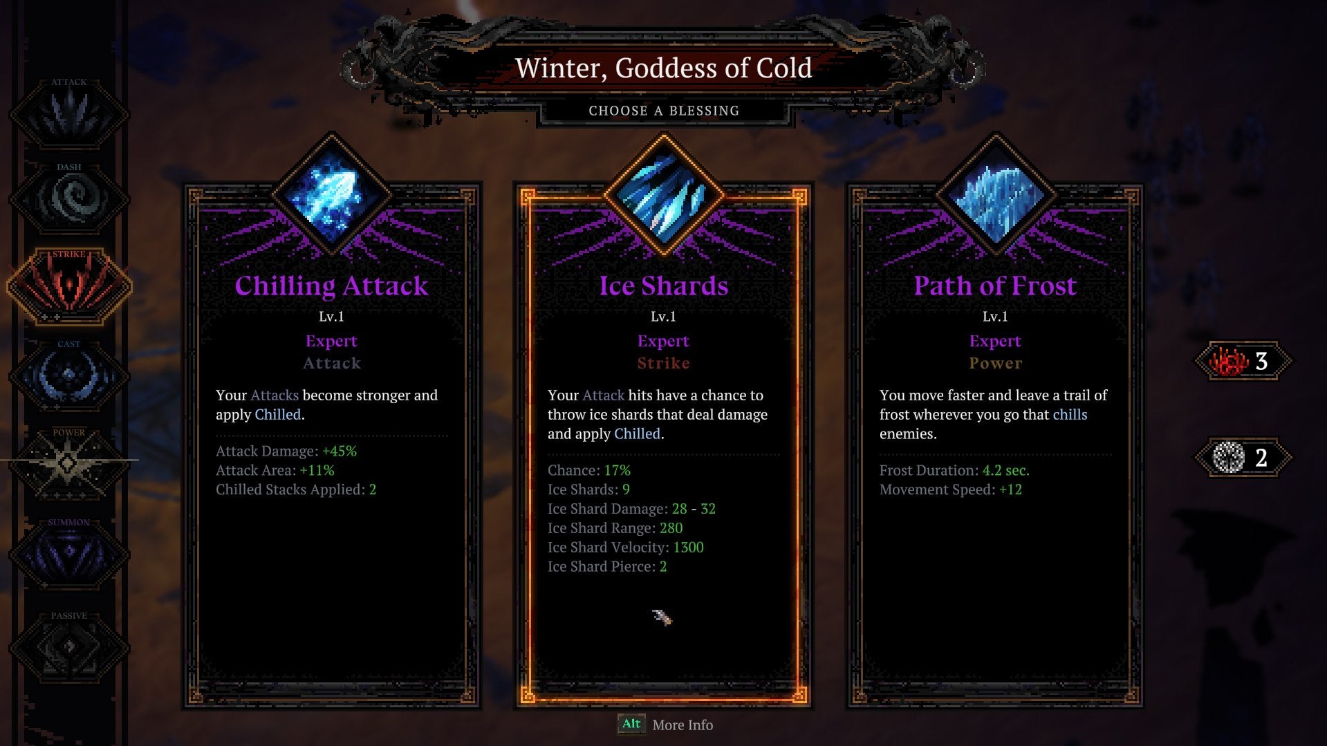 The player given three options for god blessings from Winter, Goddess of Cold.
