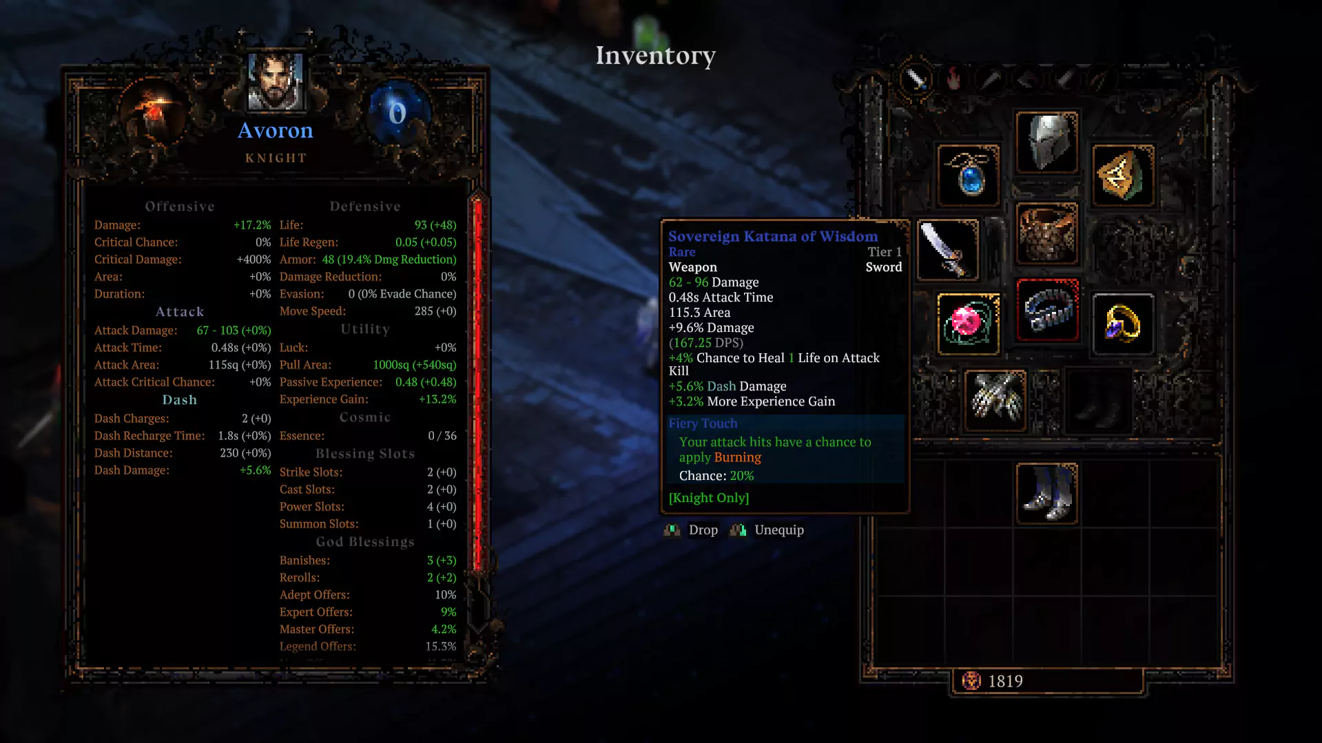 Avoron equipped with a sword that has a 20% chance to apply Burning to enemies.