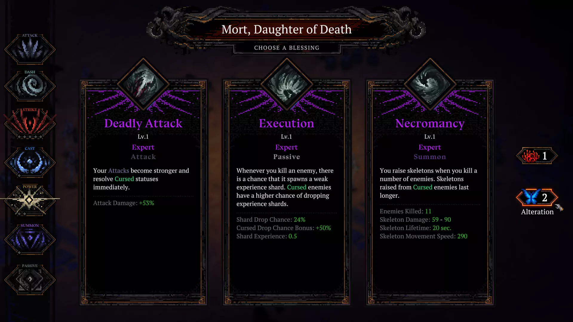 The Alteration symbol, a blue butterfly, on the right of the blessing selection screen in Death Must Die.