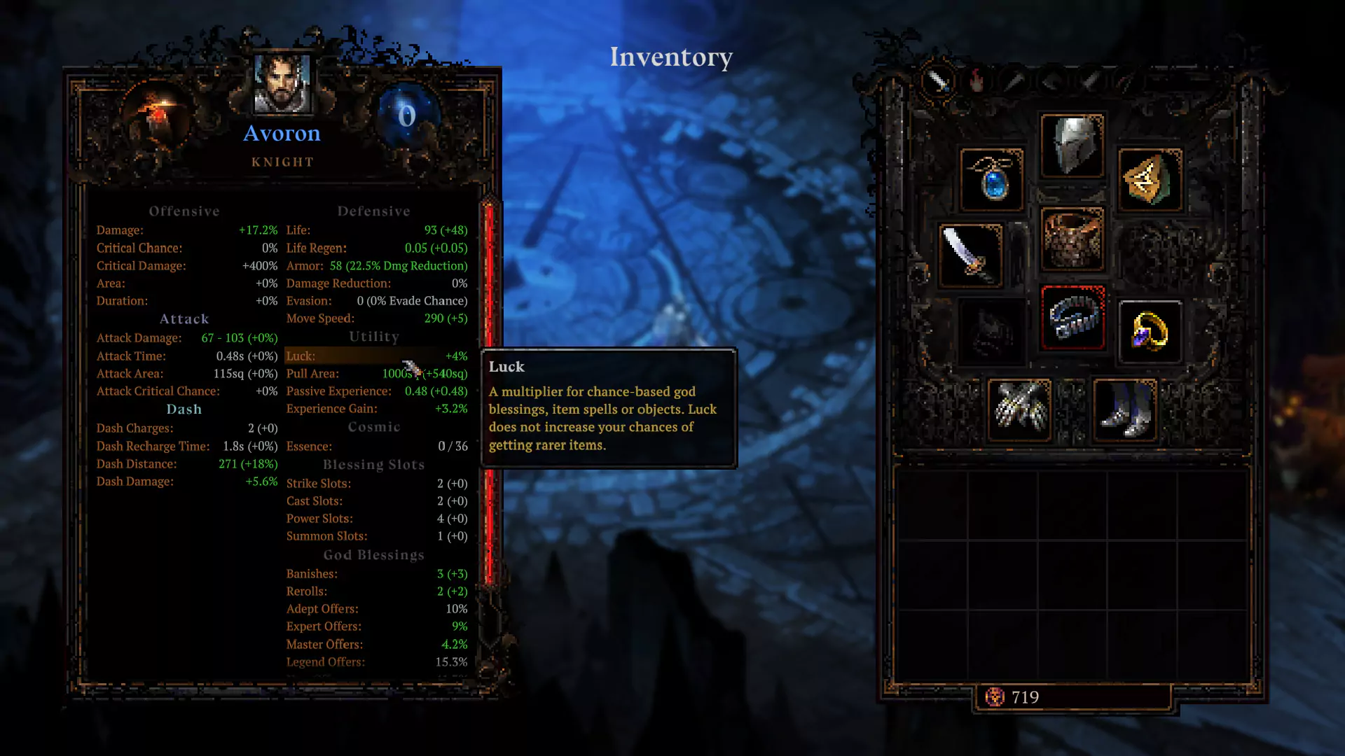 The tooltip about the Luck stat in Death Must Die.