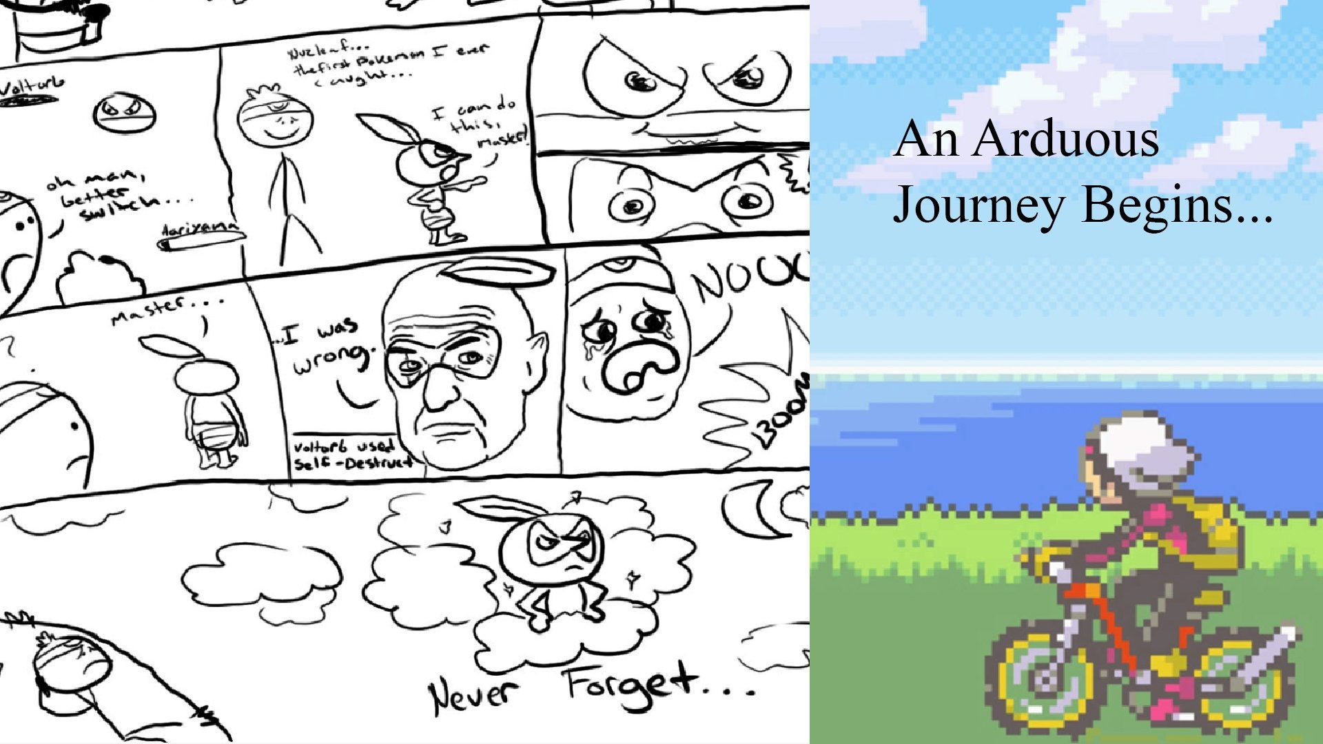 A few panels from the Hard-Mode Nuzlocke comic series next to a the player in Pokémon Ruby riding on a bicycle.