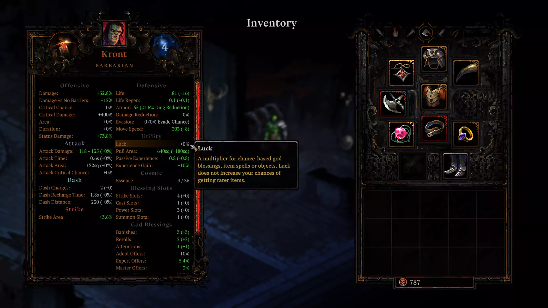 The character Kront from Death Must Die having a Luck stat of 0%.