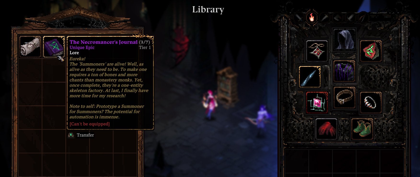 A player looking at the items in the Library.