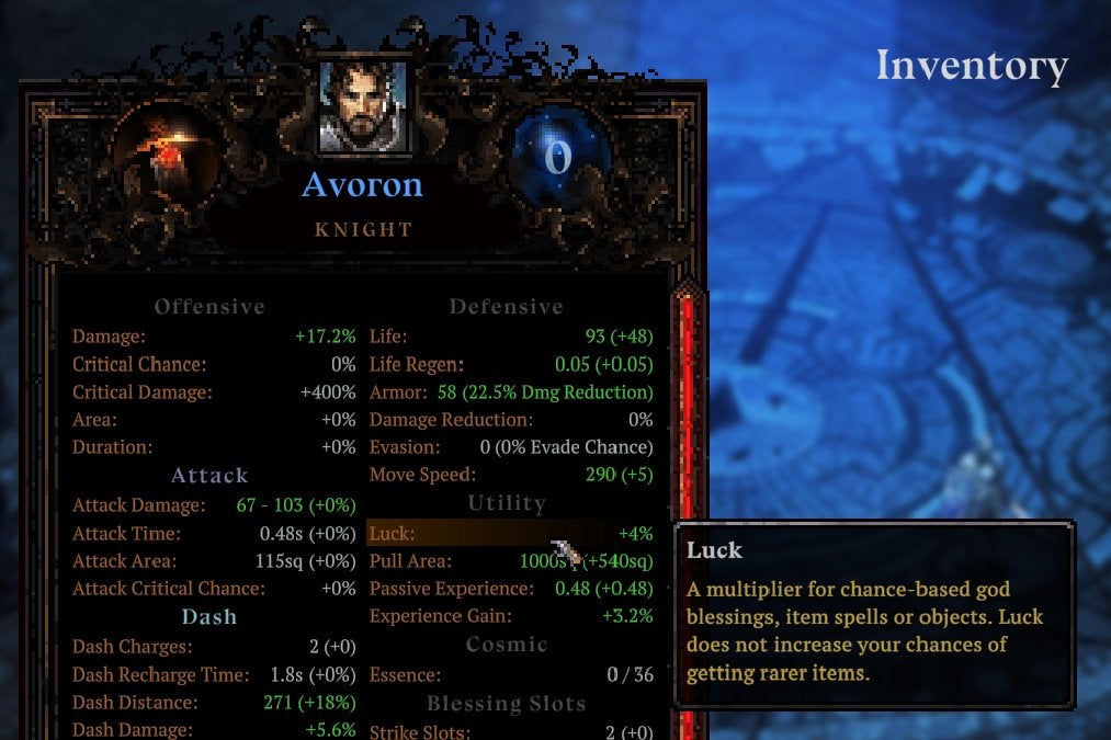 The Luck stat's explanation in Death Must Die's Inventory menu.