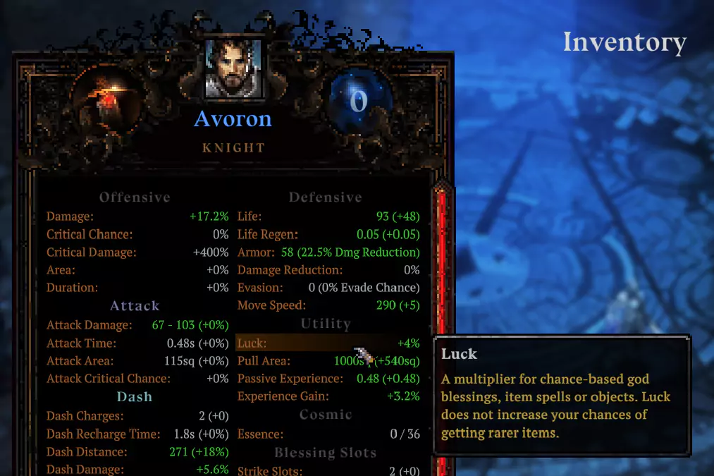 The Luck stat's explanation in Death Must Die's Inventory menu.