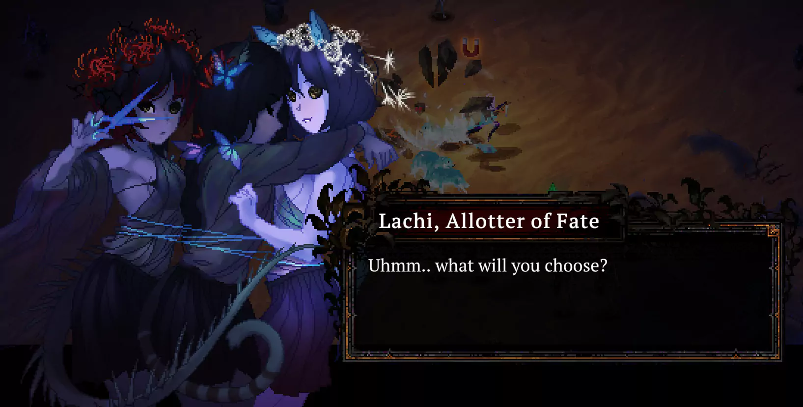 The Moirai, the Goddesses of Fate, speaking to the player in Death Must Die.