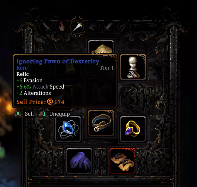 The player hovering over an equipped relic that gives them Alterations.