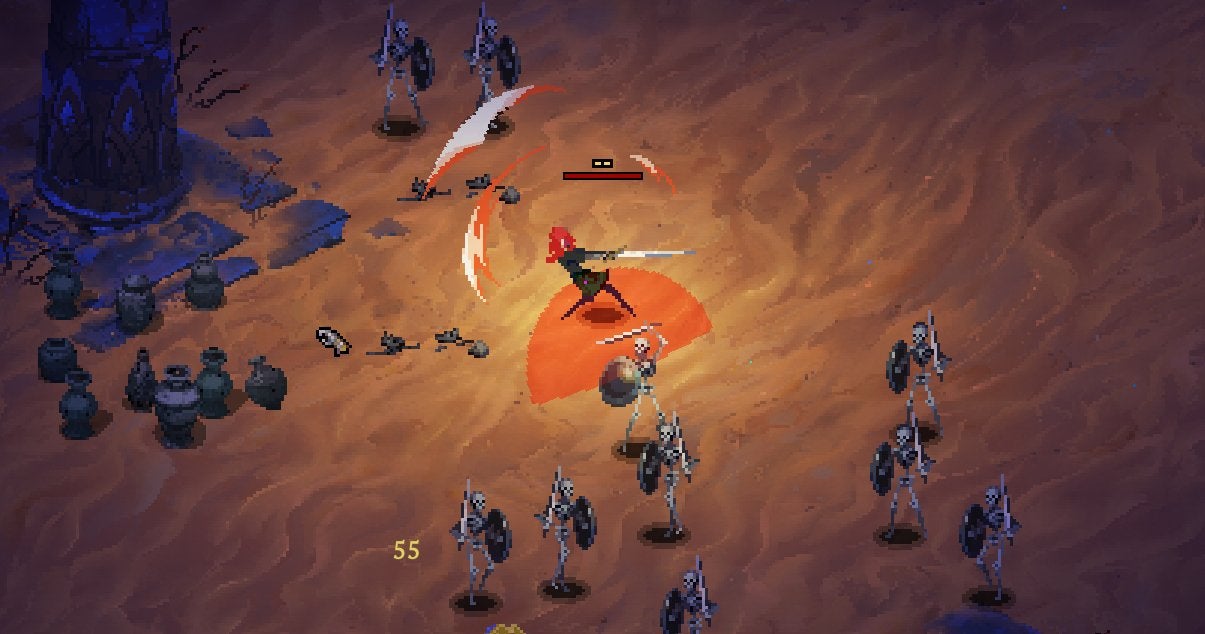 Skadi fighting enemies in the desert.